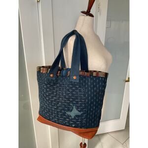 Old Industrial Japan denim boro tote bag with sashiko stitching leather bottom
